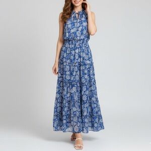 MSK Floral Smocked Tiered Maxi Dress LARGE Sleeveless V-Neck Blue
